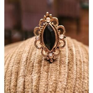 Vintage Adjustable Gold-Tone Ring with Black Marquise Stone & Crystal Halo